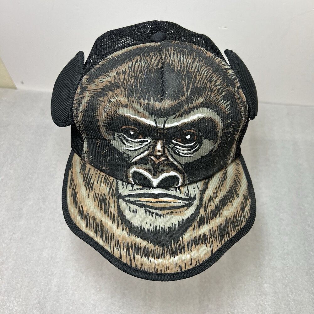 VTG 80s Gorilla Ape Face Trucker Hat Mesh Snapback Cap Taiwan NOS All Over Print